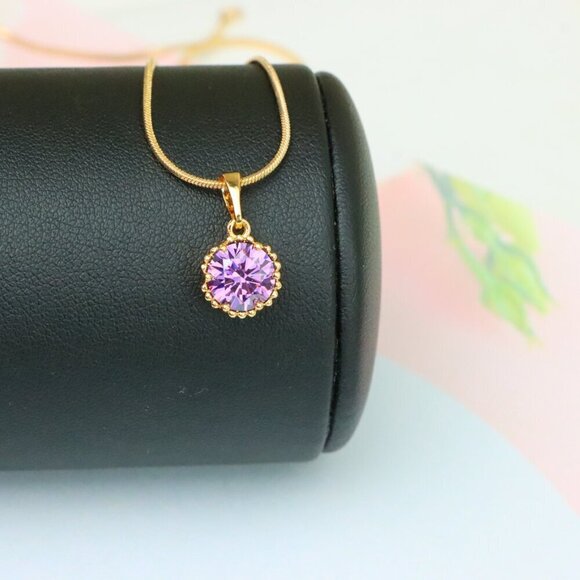 "Rose Gold Pendant with Round Purple Stone and Beaded Frame Accent, XPPT1608 - Picture 3 of 12